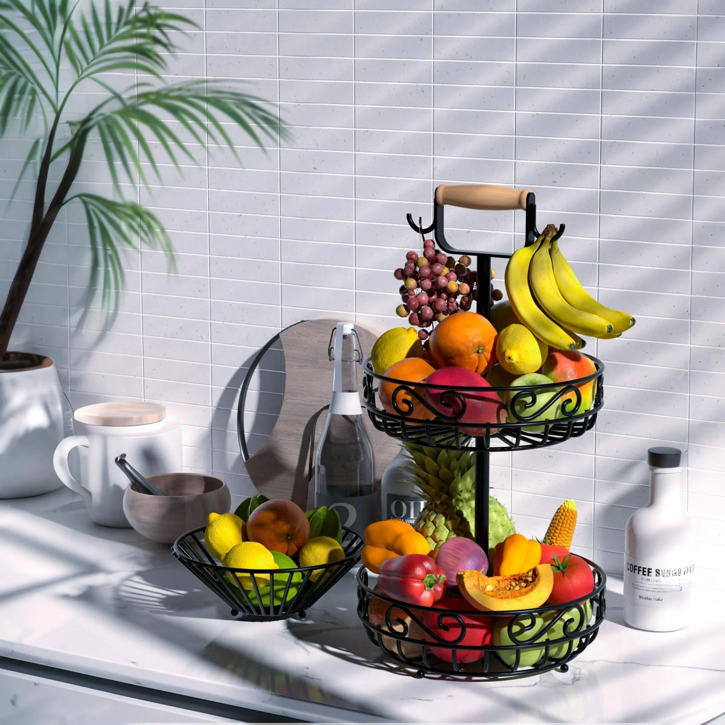 Fruit Basket, 1 Set 2-tier Fruit & Vegetable Storage Rack & Bowl & Hanger & Wood Handle, Fruit Basket for Kitchen Counter, Kitchen Storage & Organization, Racks【No Fruit】