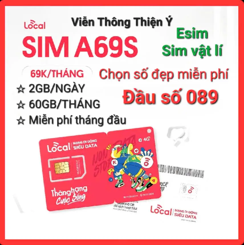 Sim 4G Local - Mobifone A69S 60Gb/tháng tốc độ cao{ Esim & sim vật lí }