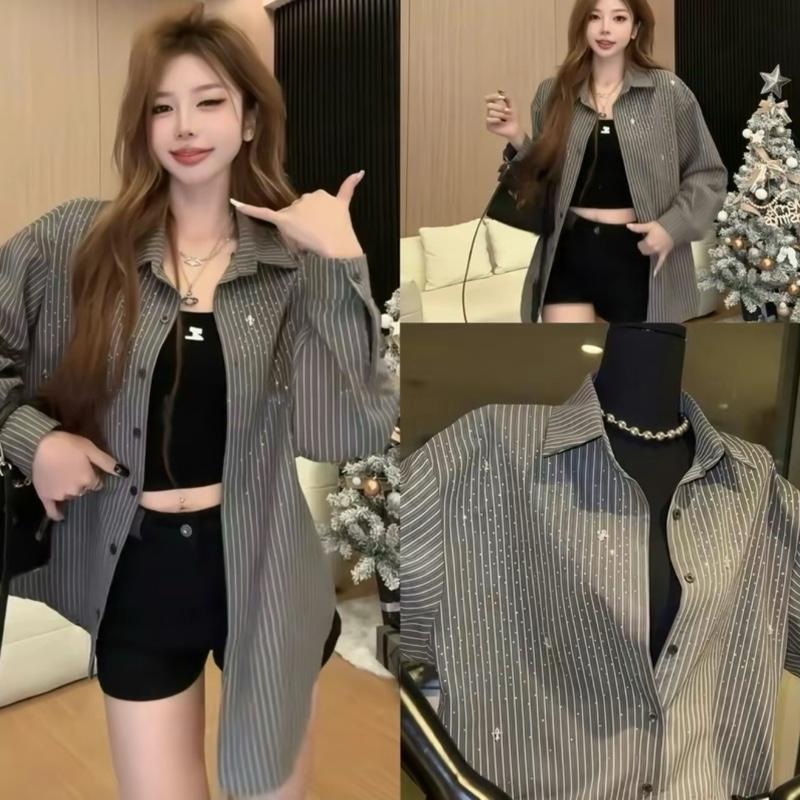 ( Hàng QC L1) Áo sơ mi đính đá màu ghi tôn da kèm túi móc dress nữ women Tre Voan 6