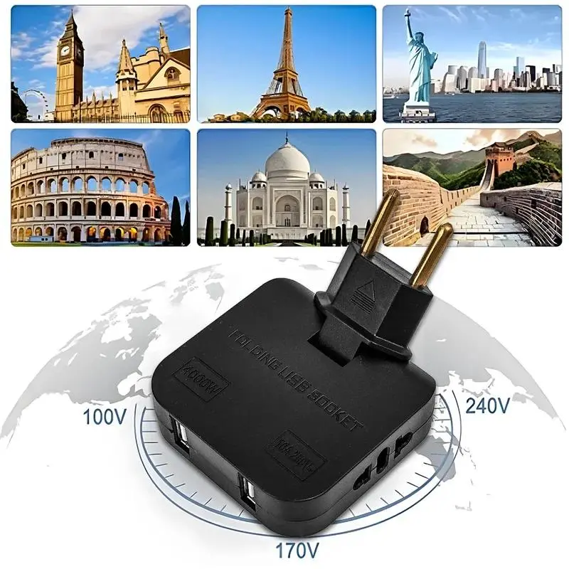 Bộ chuyển đổi ổ cắm phích cắm, Có Thể Xoay 180 độ, phích cắm EU, 4 cổng, Bộ Chuyển Đổi du lịch Mỹ sang EU, với 2 cổng USB, Ổ cắm điện, Ổ cắm AC 5