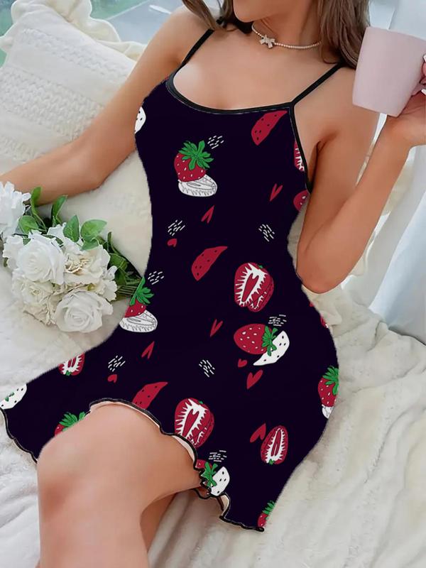 Women's Strawberry Print Lettuce Trim Cami Nightdress, Casual Soft Comfortable Spaghetti Strap Nightgown for All Seasons, Fashion Ladies' Sleepwear for Daily Wear 0