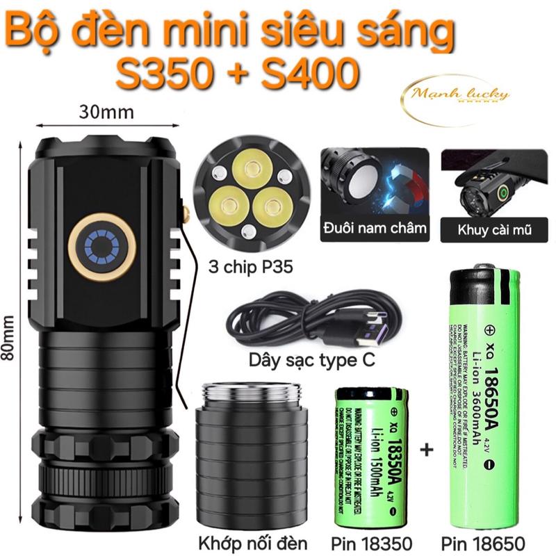 Đèn pin mini siêu sáng s350 + s400 bản nâng cấp 2 trong 1 đa năng nhỏ gọn tiện dụng..vc