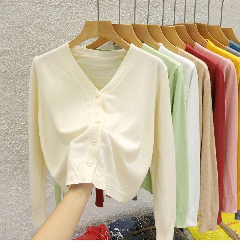 Product Introduction of Áo Khoác Cardigan Dệt Kim, Cổ Chữ V, Ngắn, Dành Cho Nữ, Hàng Mới Về Mùa Thu 2024, Màu Trơn Áo Len Bên Ngoài, Áo Len Dài Tay Women Top 16