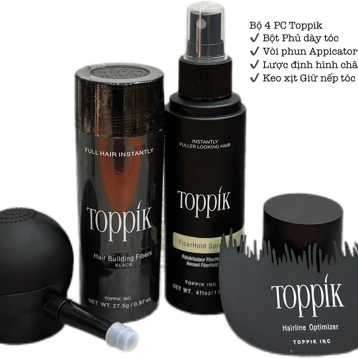 Toppik Bộ 4 Sản Phẩm Chăm sóc Tóc chuyên nghiệp Làm dày, Che hói và Keo Xịt Giữ Nếp Dưỡng Tóc