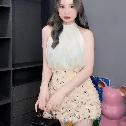  Set áo yếm lụa nữ kèm chân váy lông nhũ kim sa dáng ngắn sexy đi tiệc 