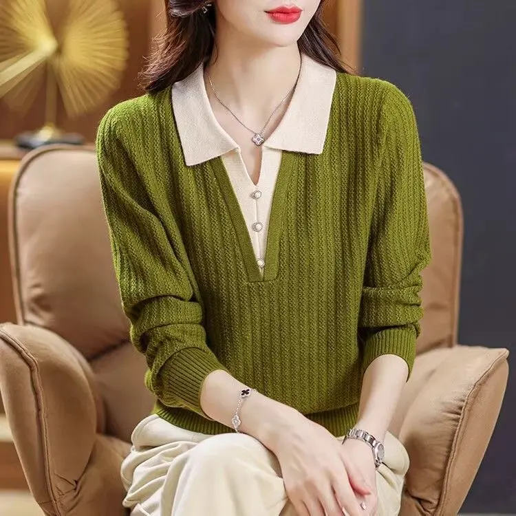 Áo Len Nữ, Dáng Rộng Vừa Vặn, Cổ Polo, Hàng Mới Về, Đồ Len, Thích Hợp Cho Mùa Thu Và Mùa Đông, Phong Cách Phương Tây, Mặc Trong, Giả Hai Mảnh, Áo Len