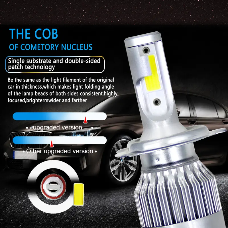 Bóng đèn LED cho đèn pha ô tô, Bộ chuyển đổi tất cả trong một C6 h4 H7 9003 hi / low, 2 chiếc, Chip COB, 3800 LM, Bóng đèn chùm trắng mát 6000K, Chống thấm nước IP68, Thích hợp cho đèn pha ô tô 2