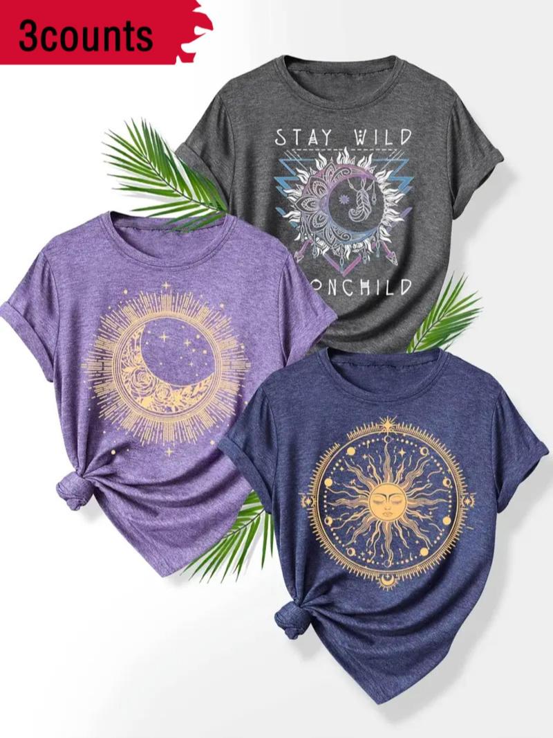 Product Introduction of Women's Vintage Moon & Sun Print Round Neck Tee, Casual Letter Print Short Sleeve T-shirt for Summer, Ladies Clothes for Daily Wear 1