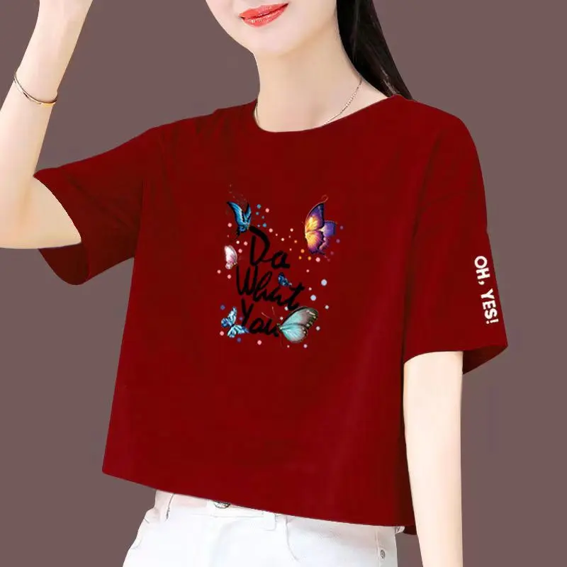 Áo Thun ngắn Tay Cotton Nguyên Chất, Dành Cho Nữ, Mặc Mùa Hè, Dễ Phối Đồ, Thiết Kế In Hình, Hợp Xu hướng, Cạp Cao, Bó Sát, Xu Hướng, Hàng Mới Về Năm 2024, Áo Trên Top Women Cổ Tròn