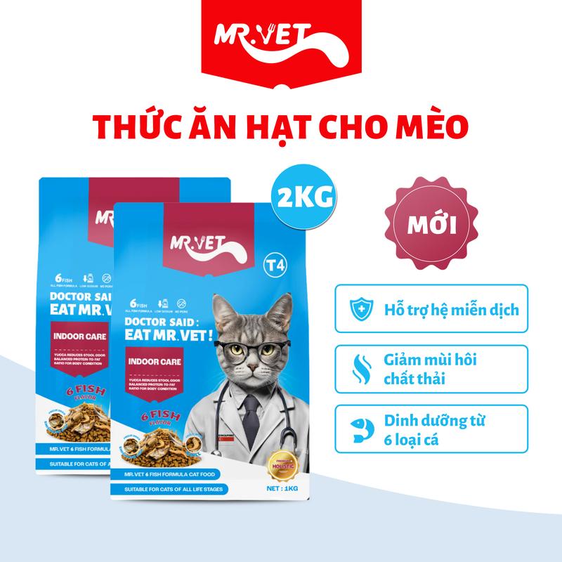 [THỨC ĂN CHO MÈO] 2 Túi Hạt Holistic Mr.Vet Thế hệ T4 Túi 1kg Công thức 6 loại cá  Cá ngừ, Cá hồi, Cá Bonito, Cá cơm, Cá tuyết cùng Topping Cá trứng và Tôm Krill sấy khô, duy trì thể trạng lý tưởng cho mèo ít vận động phù hợp cho mèo mọi lứa tuổi