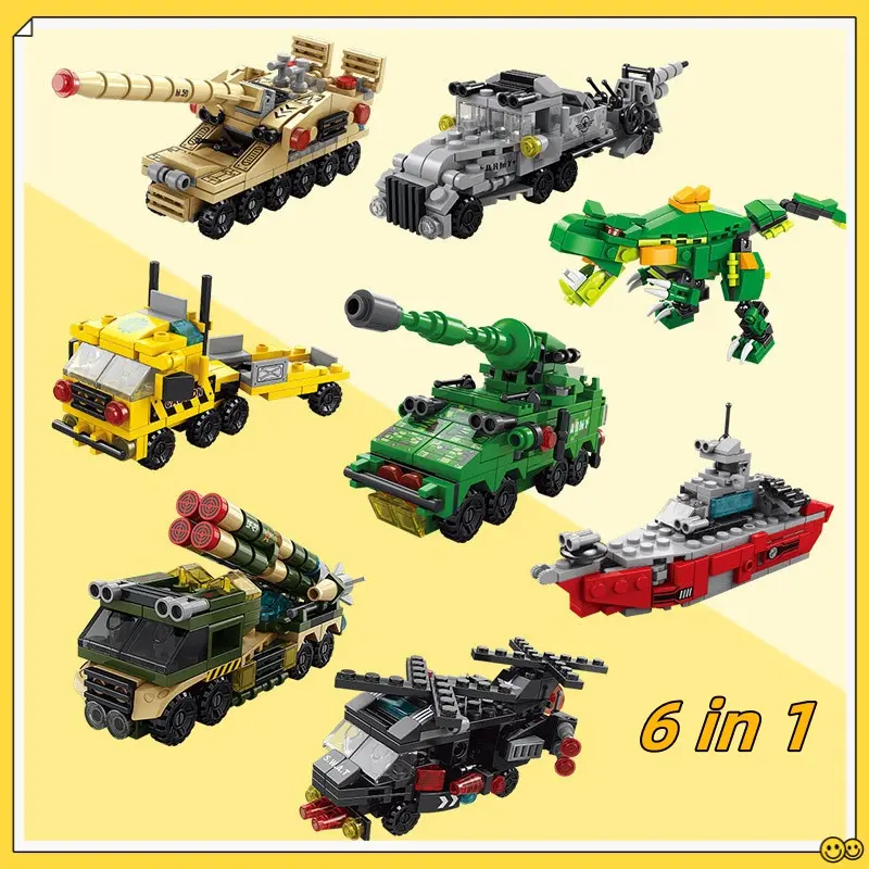 6 in 1 Model Building Blocks Toys Dinosaur Helicopter Tank Jigsaw Puzzle Boys Children Building Blocks Set Toys Children Gift DIY Educational Jigsaw Puzzle Children Educational Toy