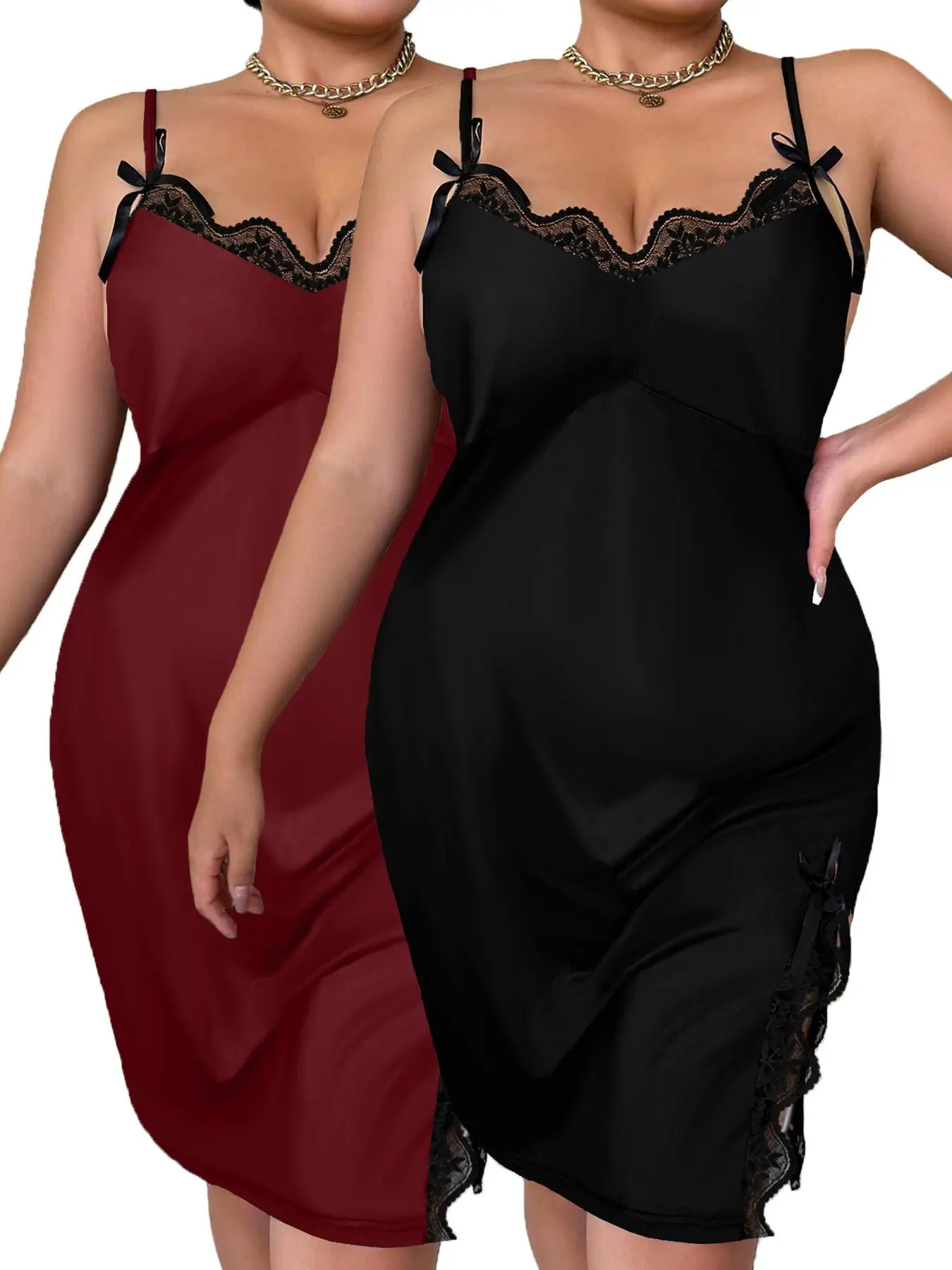 Plus Size Solid Color Lace Trim Cami Nightdress, Plus Sexy Comfy Nighty Dress, Women's Plus Sleepwear for All Seasons