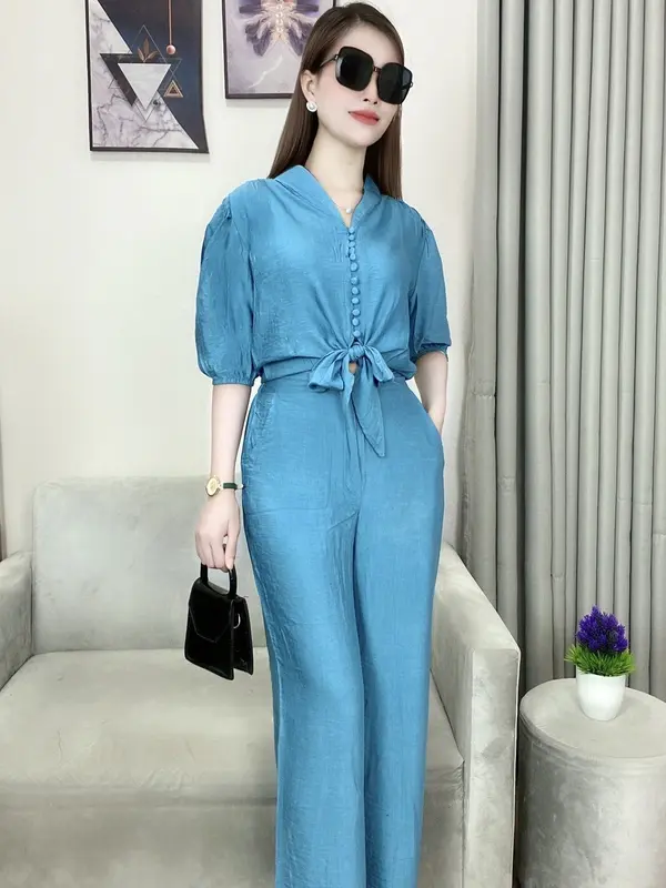 Set đồ bộ nữ, áo tay lỡ quần dài lưng thun, bộ đồ nữ mùa hè, chất vải đũi tơ mềm, mịn, mã B243 3