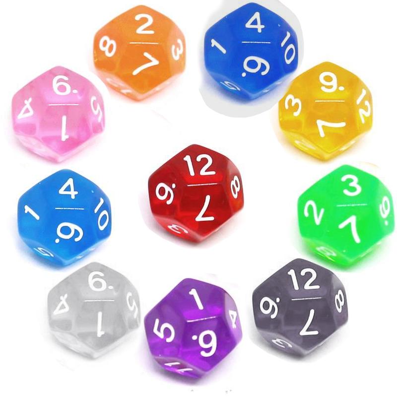 Product Introduction of 10Pcs Acrylic Transparent 12 Sided Dice 18mm Digital Number Cubes Round Coener For Kid Educational Toys DIY Board Games Dice D12 12