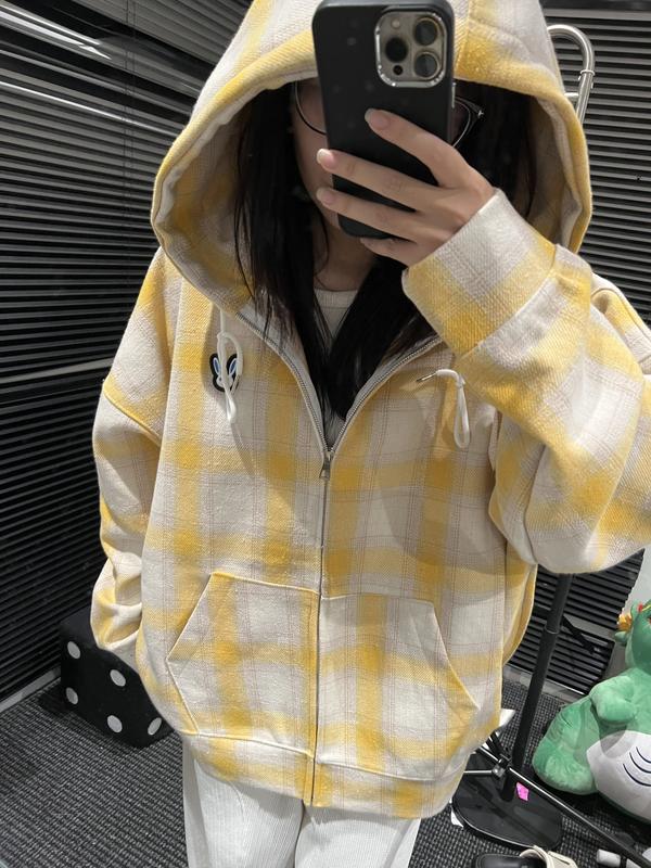ÁO KHOÁC HOODIE ZIP VẢI KẺ DẠ ÉP HÀN THU ĐÔNG 2024 LUMI HOUSE FOM RỘNG UNISEX K1275 có thể giặt máy màu đen Nữ Kem Women