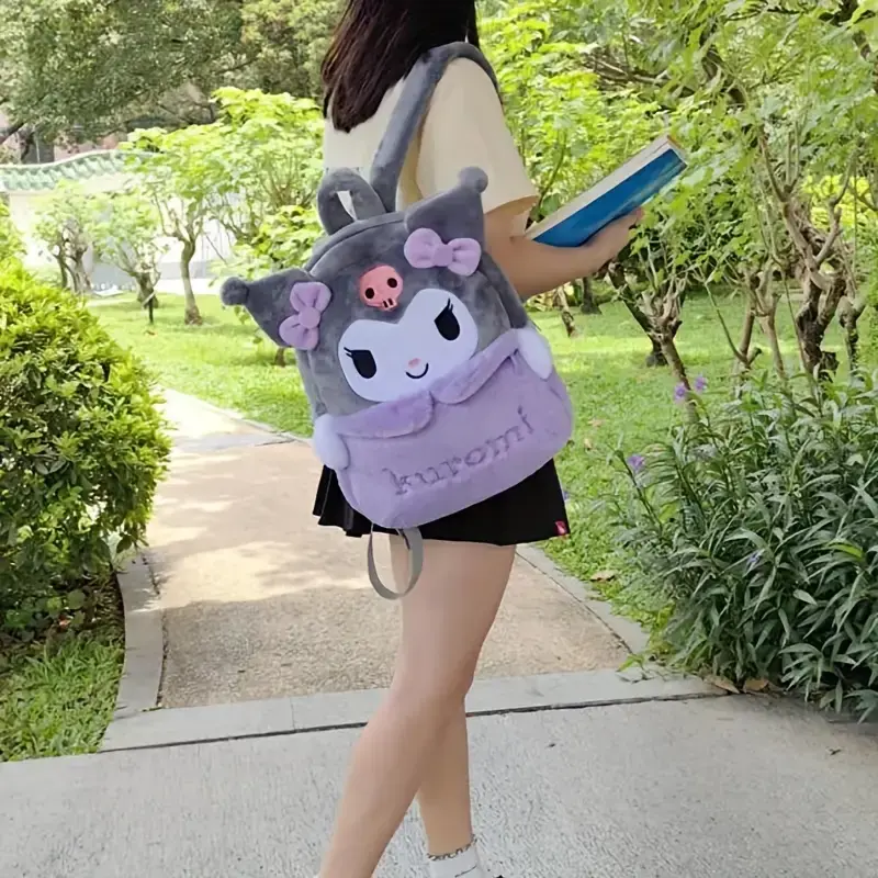 Ba lô hoạt hình sang trọng cho bé gái, Sanirio, Melodies Kuromi Kawaii, Dung tích lớn, Cặp đi học Lông Mịn Kawaii, Túi đeo vai trẻ em, Thích hợp làm quà sinh nhật