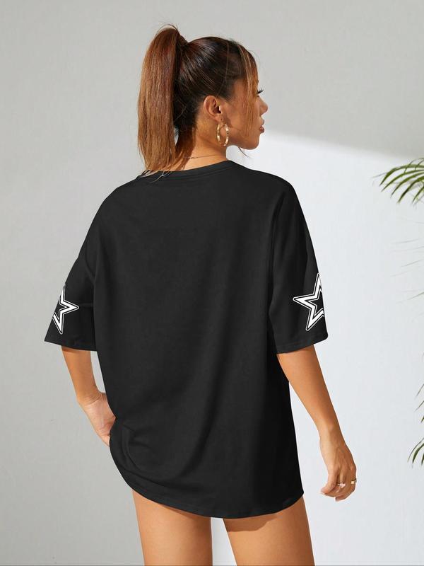Women's Letter & Figure Print Round Neck Graphic Baby Tees Y2k Tee, Casual Streetwear Star Print Half Sleeve Oversized T Shirt for Summer, T Shirts for Women, Graphic Tee, Summer Clothes, Clothing 7