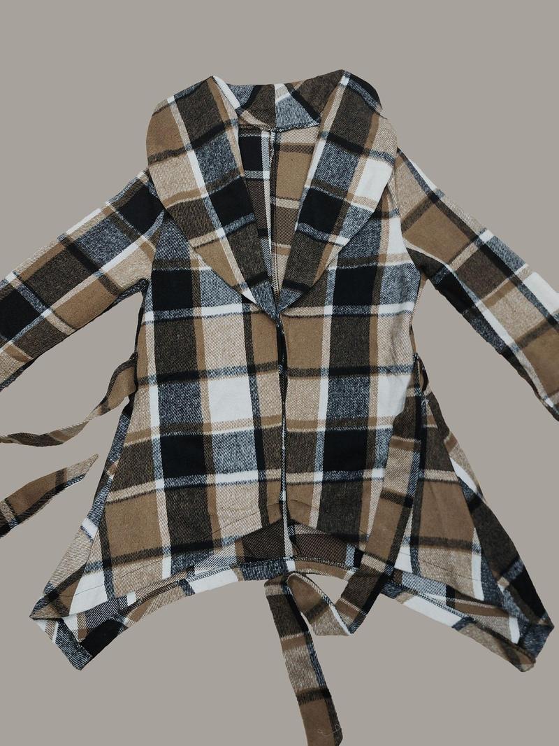 Product Introduction of Women's Plaid Print Belted Asymmetrical Hem Coat, Elegant Long Sleeve Waterfall Collar Outerwear for Fall & Winter, Women's Clothing for Daily Wear 12