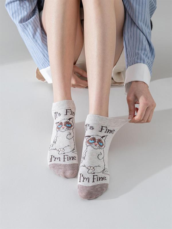 Women's 5 Pairs Cartoon Cat & Letter Print Colorblock Ankle Socks, Cute Comfortable Breathable Low Cut Socks for Daily Wear, Ladies Socks for Spring & Fall 8