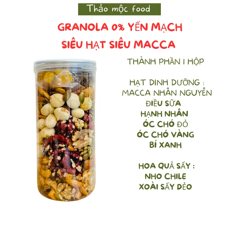 COMBO 2 GRANOLA 0% yến mạch siêu hạt Siêu macca tổng 1kg [Thảo Mộc Food] [Tặng kèm 1 bộ bát gáo dừa]  Hữu cơ Không đường Tự nhiên Socola Thức Ăn ngucoc 1
