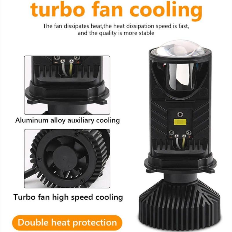 Product Introduction of Y6 Turbo Fan H4 LED Headlights Car H4 Mini Projector Lens 6000K Super Bright 20000LM Hi Lo Beam Bulb LED Lights Car Light Lamp 4