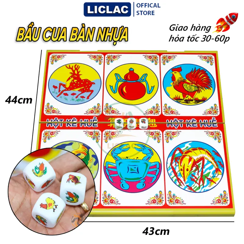 Bộ Bầu Cua Tôm Cá gồm Bàn Nhựa và 3 Xúc Xắc đá hàng Việt Nam chất lượng cao, Đồ chơi dân gian, Đồ chơi lắc bầu cua vui vẻ ngày tết, Boardgame giá rẻ - LICLAC 0