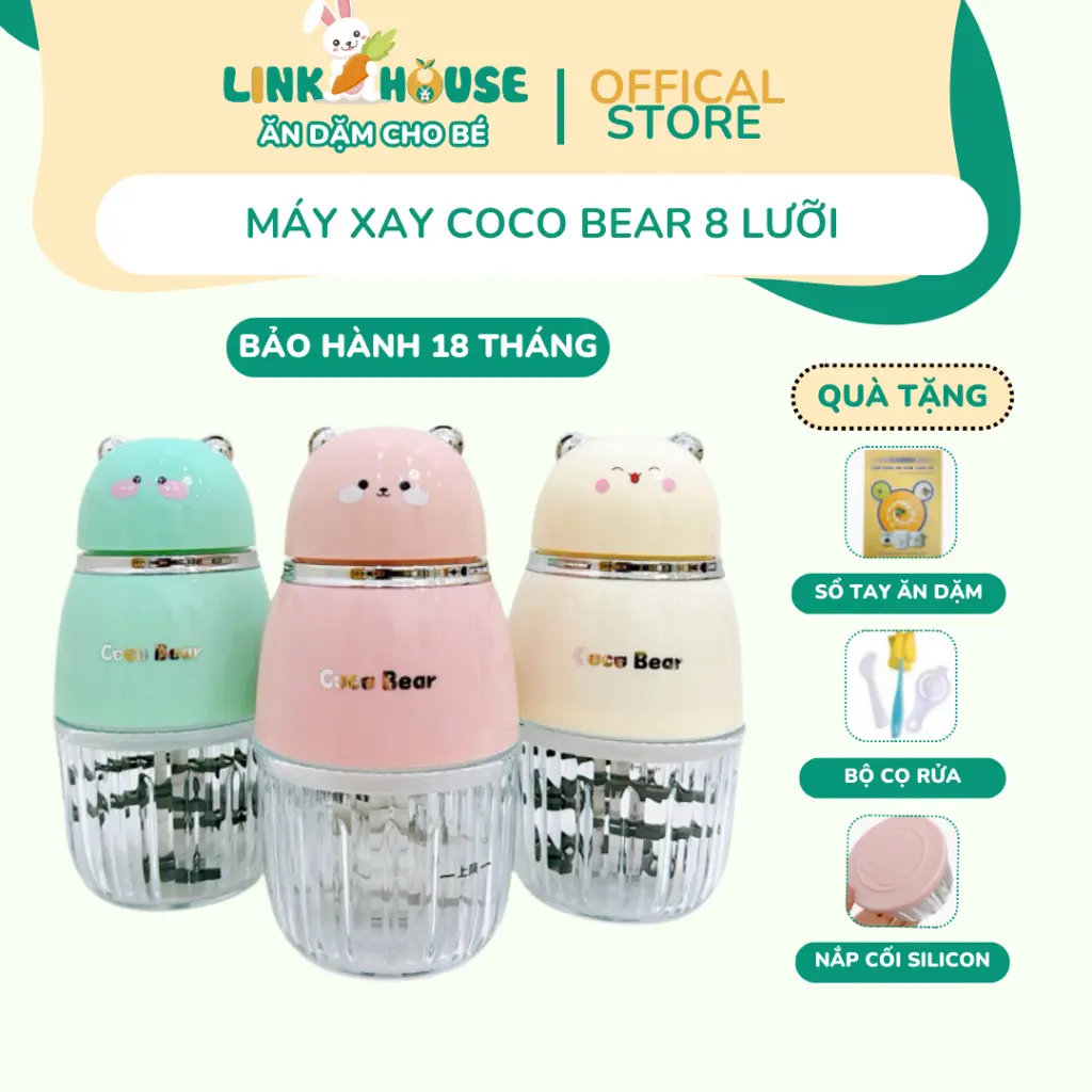 Máy Xay 8 Lưỡi CocoBear Xay Đồ Ăn Dặm Cho Bé Máy Xay Thịt Cháo Rau Củ Quả Cho Bé Ăn Dặm - Coco Bear kem không có bpa