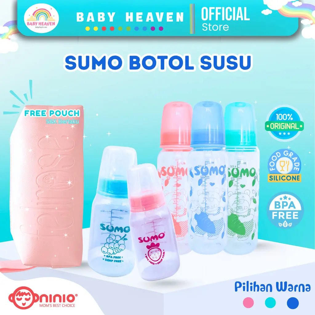 Ninio SUMO Botol Susu Bayi PC Bening & PP Steril 50ml 120ml 240ml 250ml BPA Free Food Grade Pilihan Warna Hijau Biru Pink Botol Minum Dot Bayi Umur 0-6