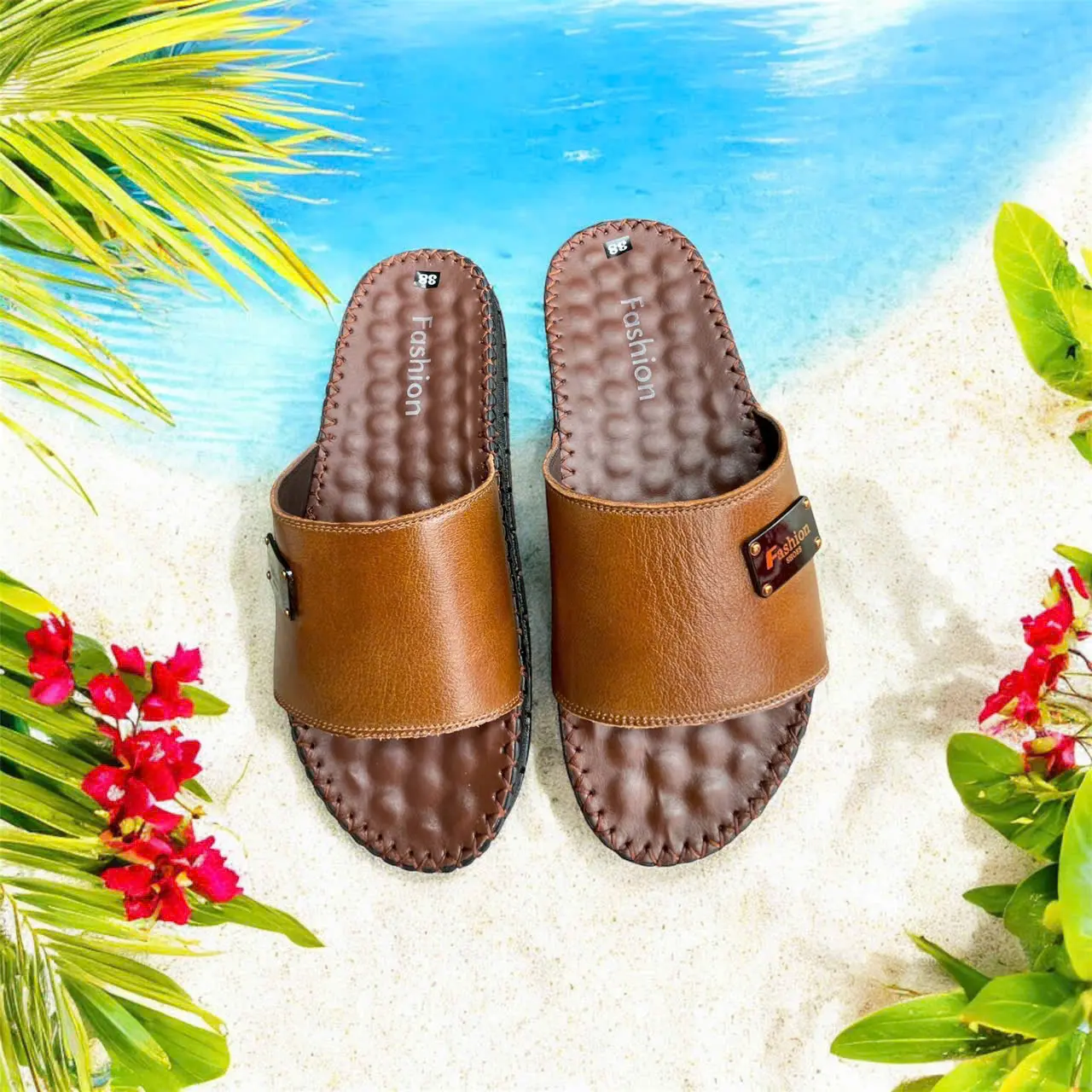 Dép da bò thật,quai da bò trơn,logo fashion ,màu vàng,khâu quanh đế .