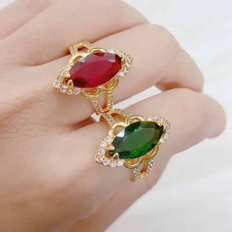 Nhẫn nữ mạ vàng 2 màu xanh đỏ xinh xắn đá hạt dưa Women 0
