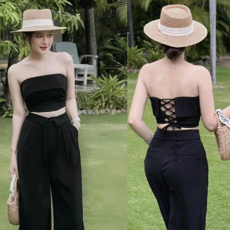 Sét Sen áo cúp ngực croptop đan dây Nữ Women Voi Nhung Màu Đen và be Quần  suông Dáng Ngắn