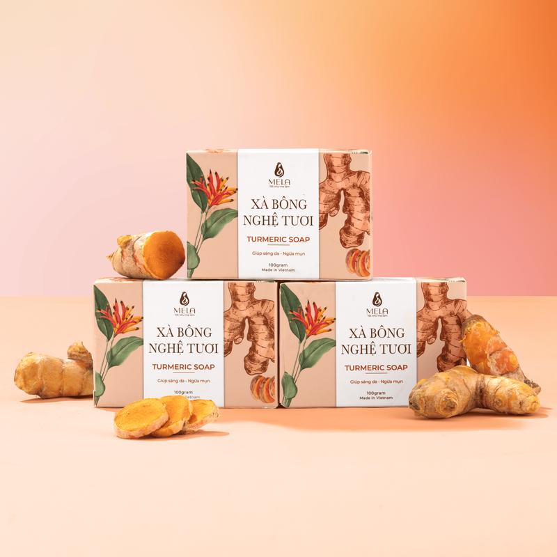 Combo 3 xà bông nghệ tươi Mela tặng kèm 1 túi tắm - Giúp làm sạch, hỗ trợ sáng da và ngăn ngừa mụn ML26