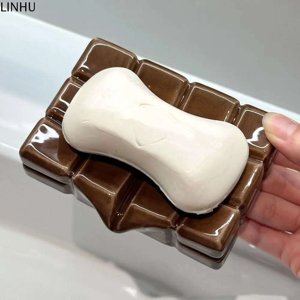Light Ceramic Soap Dish Holder Chocolate Shape Drain Water Soap Tray Home Decoration Square Soap Rack Home