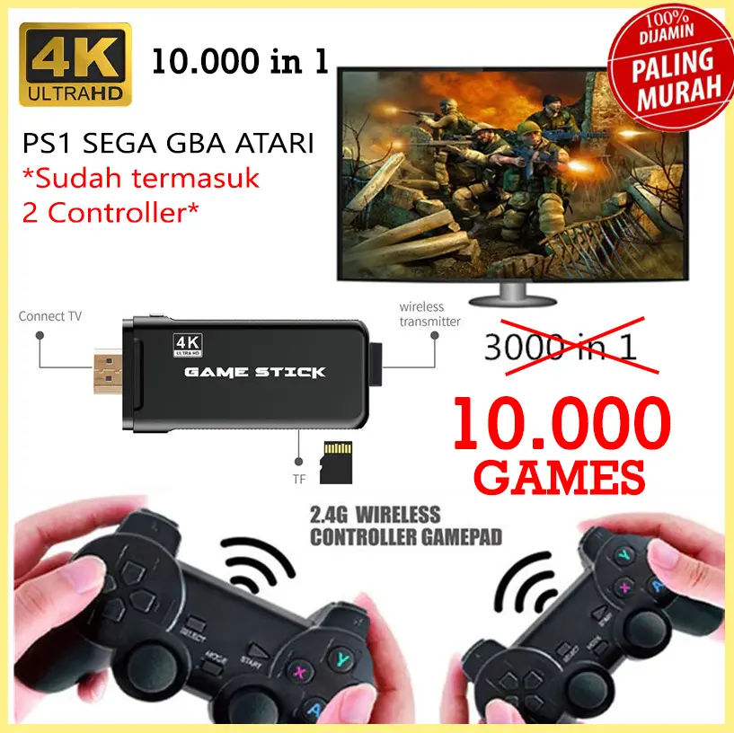 4K Game Stick TV BOX 10000 Video Games Retro Mini Console Wireless gamepad Lite game stick 2 hadiah lebaran anak lelaki ulang tahun birthday main bareng