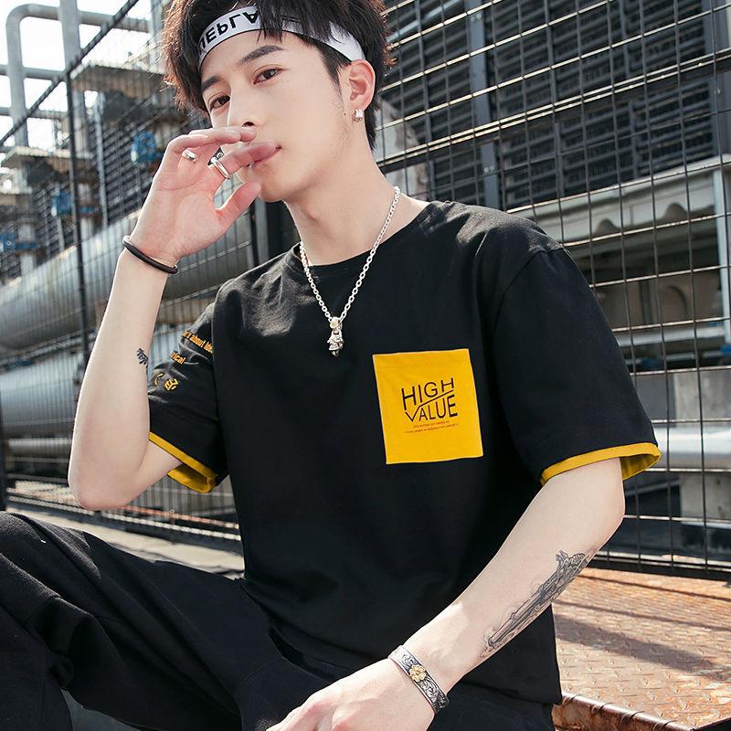 Product Introduction of Short-Sleeved T-shirt Men's Loose Fashion Brand Fake Two Pieces Half-Length Sleeve Underwear Blouse Korean Style Handsome Summer Clothes 2