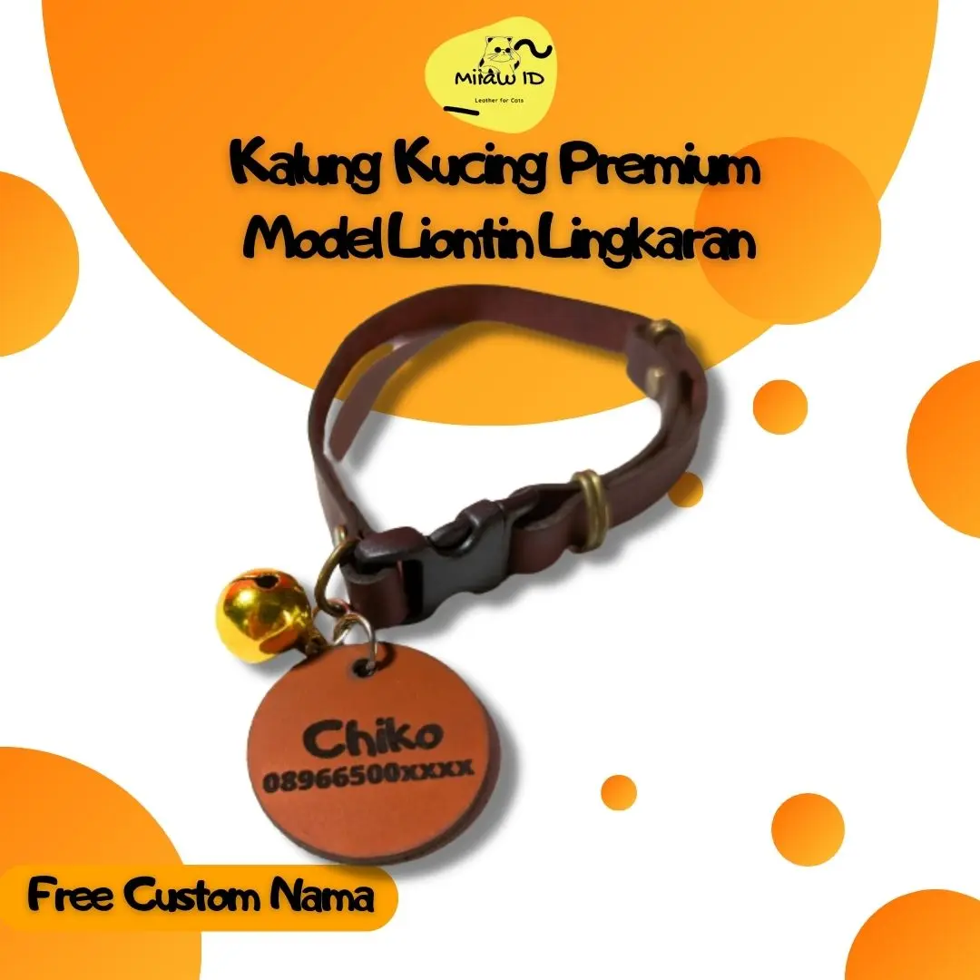 Miiaw ID Kalung Kucing Premium Free Ukir Nama Kulit Asli Model Lingkaran