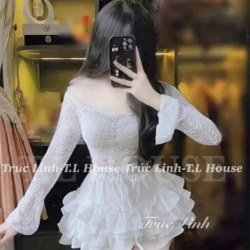 SÉT BỘ REN ÁO TRỄ VAI TAY DÀI LOE MIX CHÂN VÁY NHÚN BÈO TẦNG set  áo 1