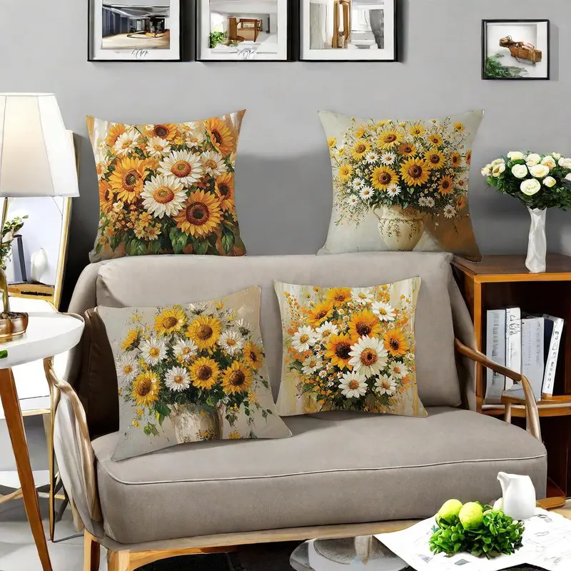 Sunflower Pattern Cushion Cover, 4 Counts/set Square Throw Pillow Cover, Household Decoration Supplies for Home Living Room Bedroom 0