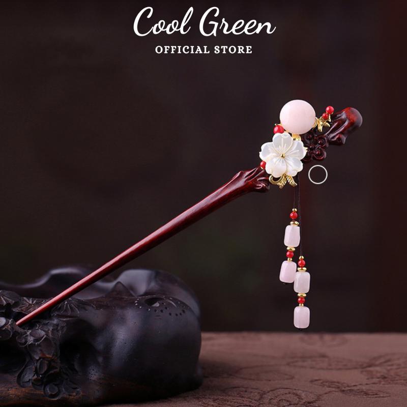 [Tặng hộp] Trâm cài tóc bằng gỗ đàn hương đỏ đính hoa và đá Hồng cao cấp phong cách Giang Nam Svip02