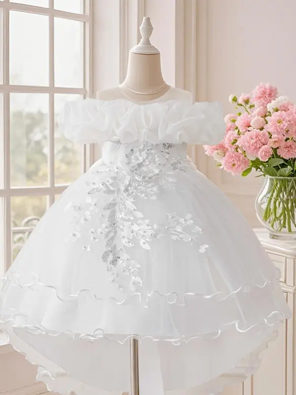 Girl's Sequin Decor Multi-layer Tulle Party Dress, Elegant Flower Design Sleeveless Sweater Dress for Party Performance Wedding Guest, Kids Clothes for Four Seasons, Tutu Princess Dress 1