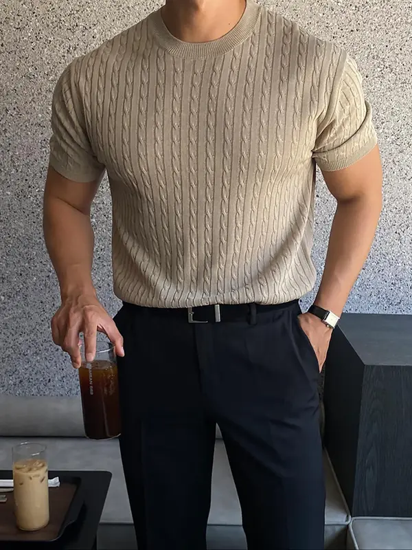 Men's Slim Textured Round Neck Crewneck Cable Knit Top, Casual Short Sleeve Knitwear for Summer, Menswear for Daily Wear 0