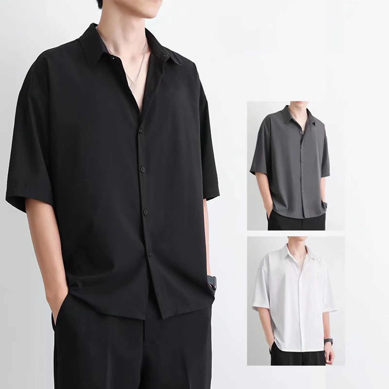 Qikbjgs Men Summer Shirt Turn-down Collar Single-breasted Loose Short Sleeve Solid Color Buttons Soft Breathable Men Casual Top