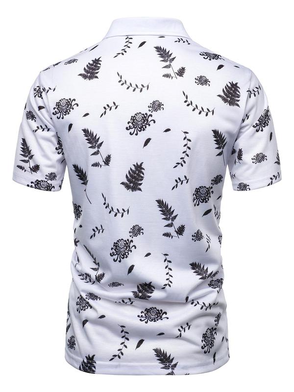 Men's Plants Print Short Sleeve Polo Shirt, Regular Fit Casual Button Front Polo Neck Top, Men's Clothes for Summer Daily Wear 1