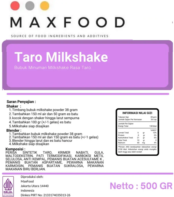Taro Milkshake Powder Drink / Bubuk Serbuk Minuman Rasa Talas 500 GR 1