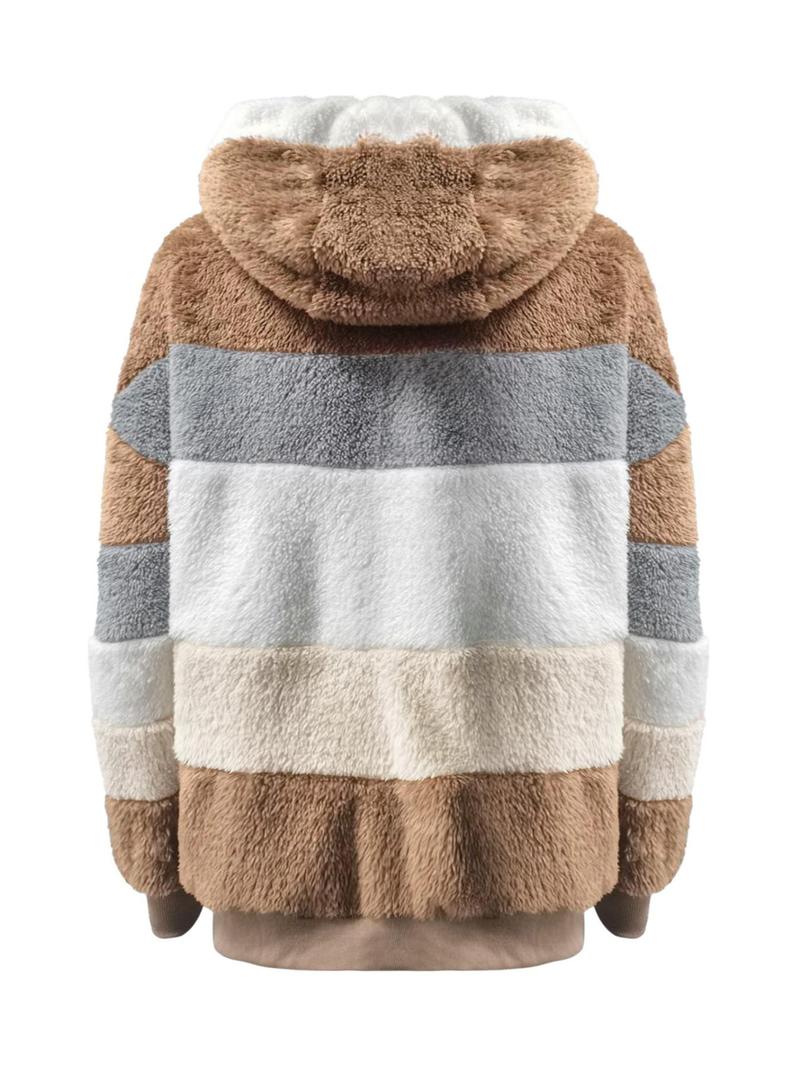 Product Introduction of Women's Colorblock Drop Shoulder Hooded Polar Fleece Coat, Fashion Casual Long Sleeve Zip Up Warm Outerwear For Daily Outdoor Wear, Women's Clothing 10