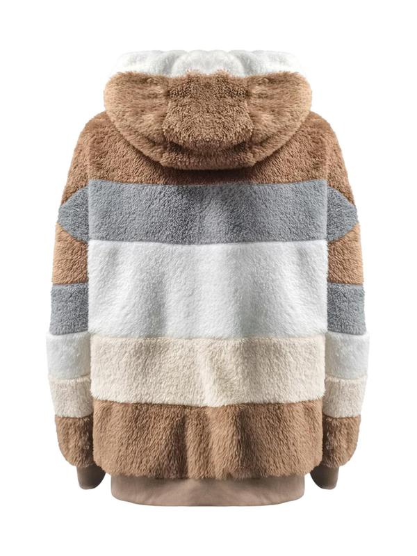 Women's Colorblock Drop Shoulder Hooded Polar Fleece Coat, Fashion Casual Long Sleeve Zip Up Warm Outerwear For Daily Outdoor Wear, Women's Clothing 4