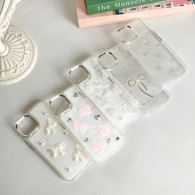 【SatSet.ind】LUX Plating Transparan Tekstur 3D Pita Ribbon Butterfly Compatible with iPh 11 Pro 12 ProMax 13 14 Plus 15 16 Casing Cover Elegan Mewah Glitter Metal Plating Clear Case back  cover 3