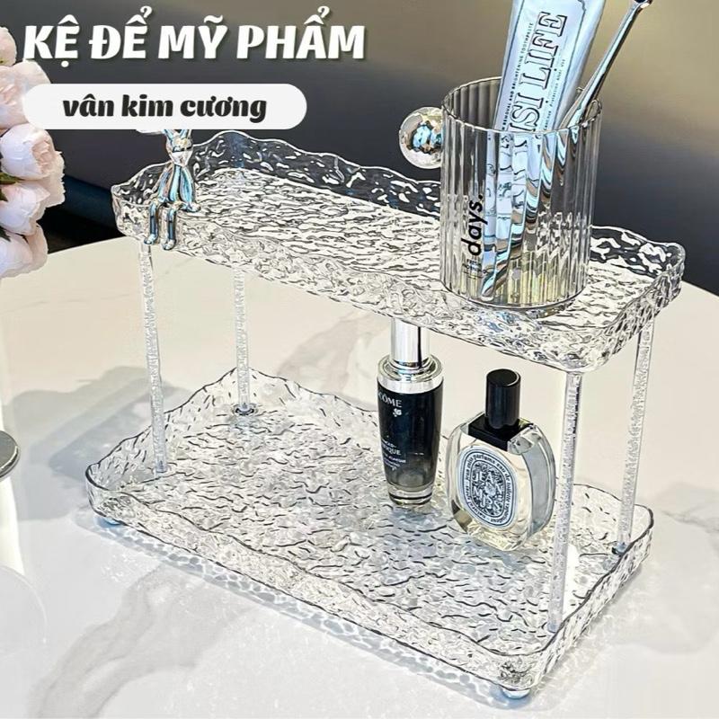 [Tặng Thỏ] Kệ đựng mỹ phẩm vân kim cương 2 tầng để bàn cao cấp, khay đựng đồ trang điểm thiết kế gợn sóng phong cách sang trọng