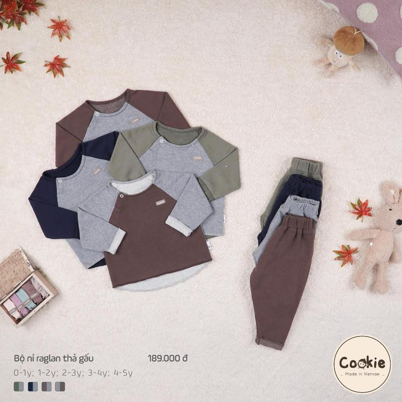 Bộ Quần Áo Nỉ Dài Tay Cookie Raglan Cho Bé Trai, Gái Quần Thả Gấu Size 1-5Y, Chất Liệu Nỉ Da Cá