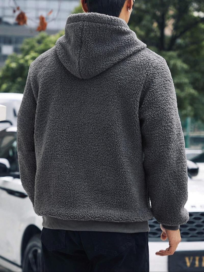 Product Introduction of Men's Solid Patched Pocket Half Zipper Hooded Sweatshirt, Regular Fit Casual Long Sleeve Fuzzy Pullover for Fall & Winter, Men's Clothes for Daily Wear 13